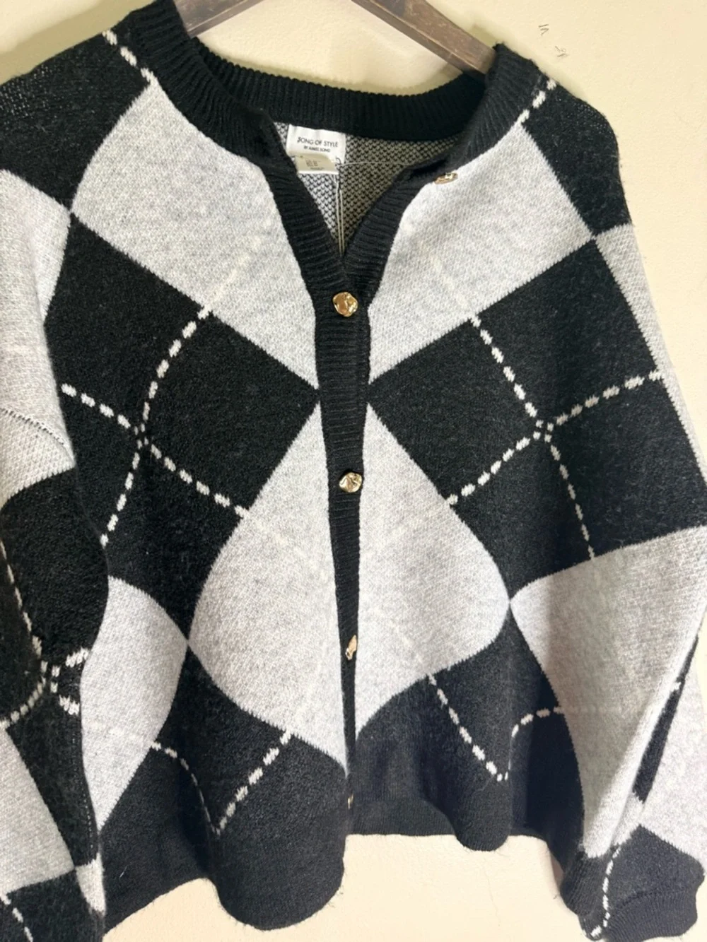 Song of Style Black & Gray Argyle Button Cardigan - Picture 3 of 9